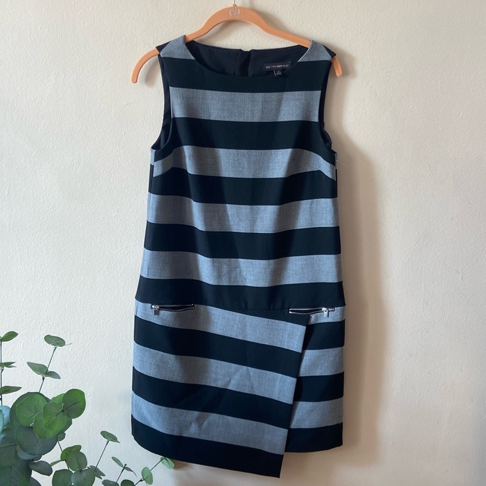 Banana Republic Hailey Dress 4 Petite Black Gray Stripe Faux Wrap Shift Mini